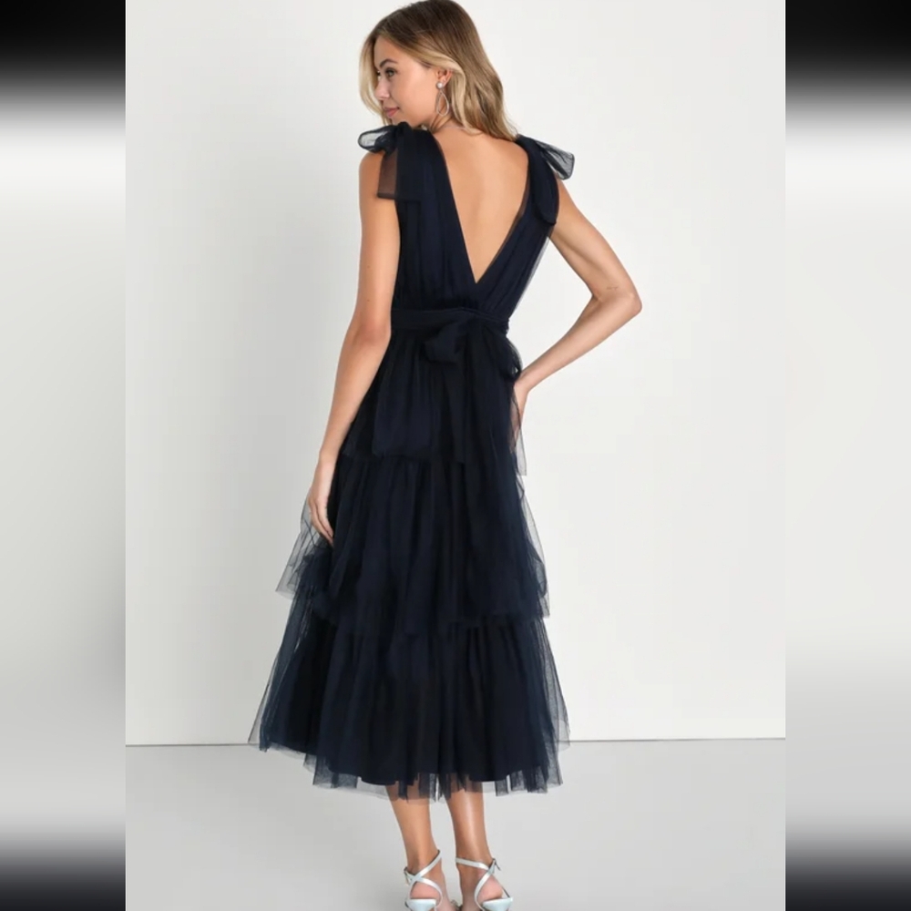 Lulus Navy Tie Strap Tulle Maxi Dress L - Picture 6 of 7